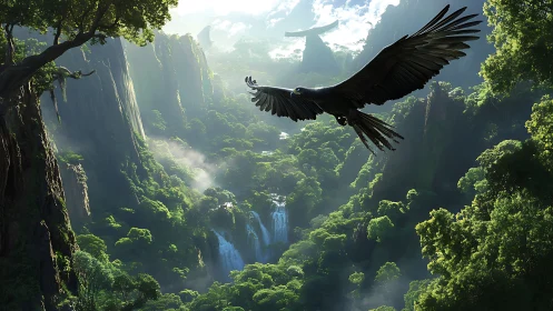Giant black bird soaring above lush waterfall valley.