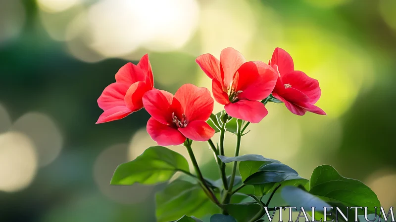 Vibrant red geranium flowers with lush green foliage.