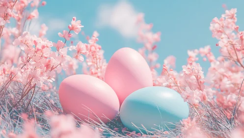 Pastel spring eggs nestled among dreamy cherry blossoms.