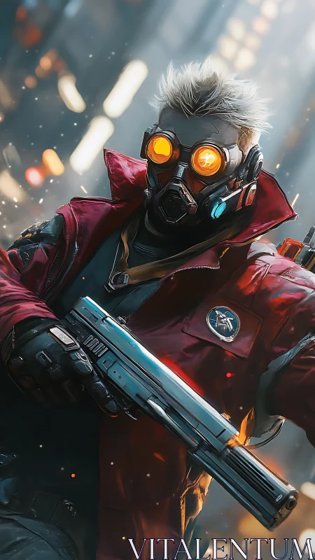 Masked cyberpunk gunslinger scans a neon-soaked city street.