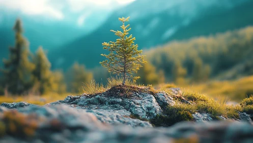 Solitary evergreen sapling stands on sunlit alpine rock