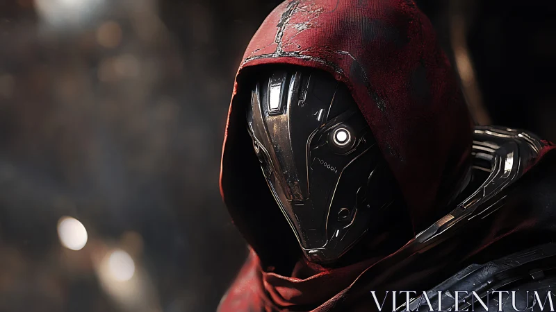 Hooded chrome android portrait with red weathered cloak