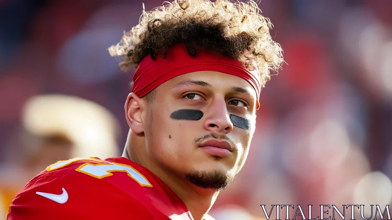 Side-lit American football player studies field in warm bokeh