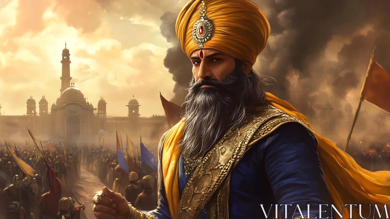 Regal warrior in golden turban steadies a vast marching crowd