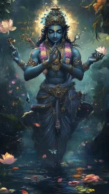 Divine blue deity over reflective water with lotus flowers.