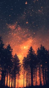 Stellar-silhouetted conifer forest under orange nebular sky