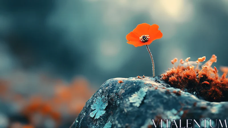 Gentle orange wildflower glowing bravely on a quiet rock.