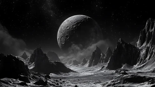 Monochrome alien moon over jagged cratered landscape.