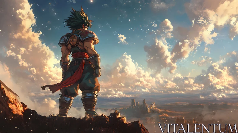 Warrior overlooking sunlit desert sky with drifting clouds.