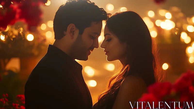 Warm-toned romantic silhouette with bokeh illumination and floral framing