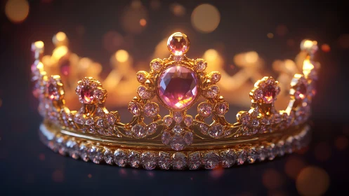 Golden crown with pink gemstones under soft studio light.