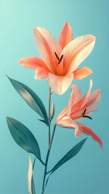 Coral Lilies Bloom Against Serene Turquoise Background