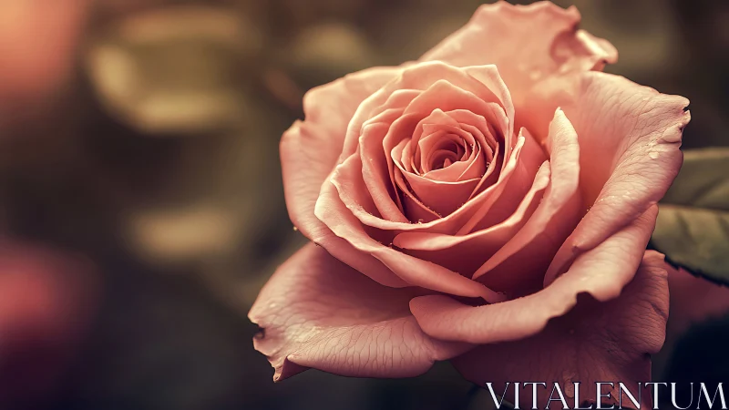 Salmon-toned rose bloom, detail study with warm lighting.