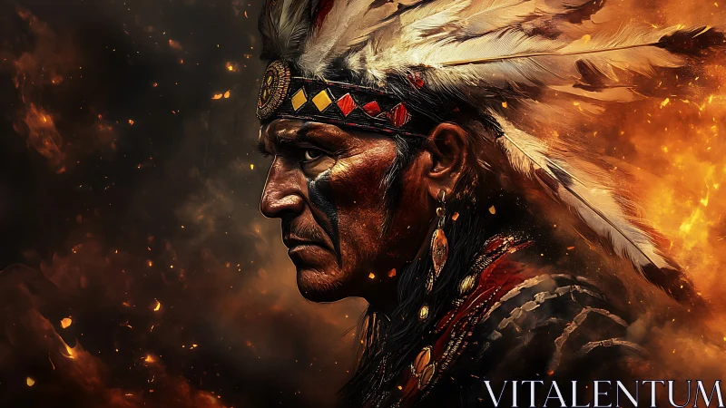 Indigenous elder in feathered headdress amid fiery embers.
