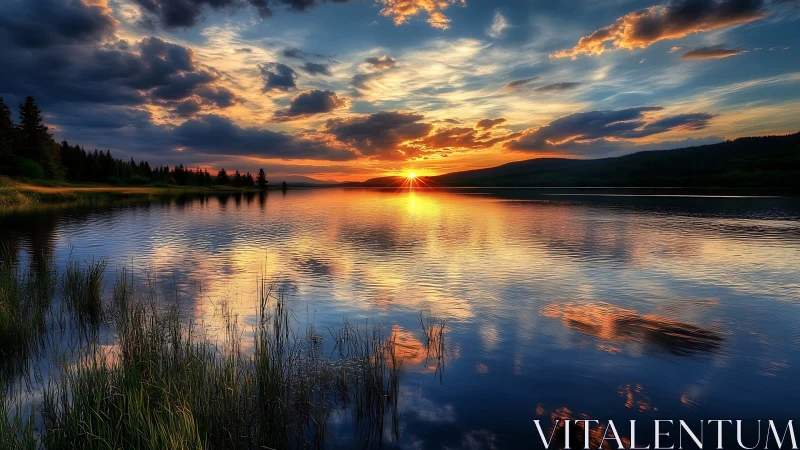 Sunset light reflects across calm lake with distant hills