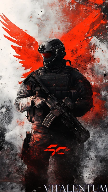 Tactical soldier silhouette with red winged spray aura.