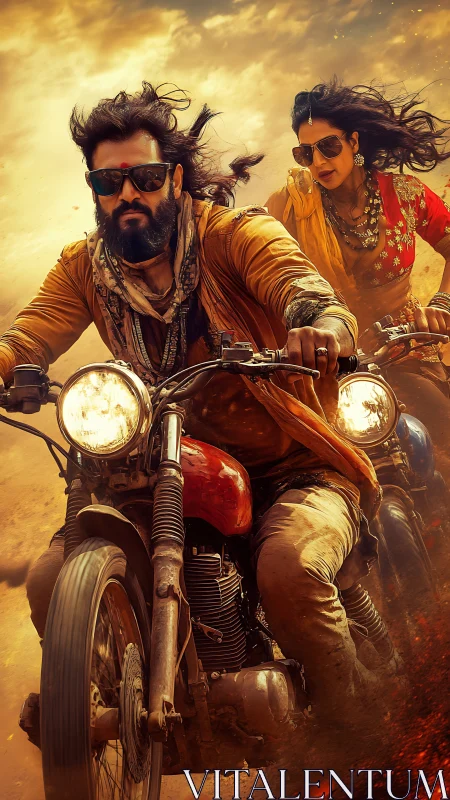 Motorcyclists ride through dusty desert road at speed.