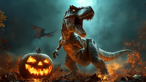 Tyrannosaurus roars beside jack o lantern in smoky forest.