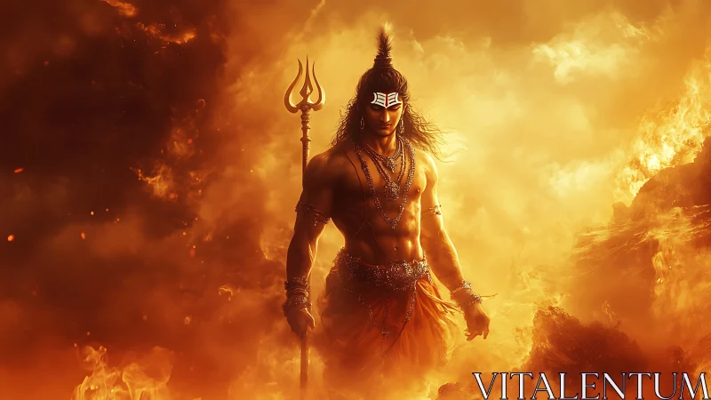 Powerful trident warrior stands in blazing fiery landscape.