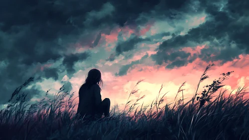 Solitary figure watching stormlit sunset over tall grass.