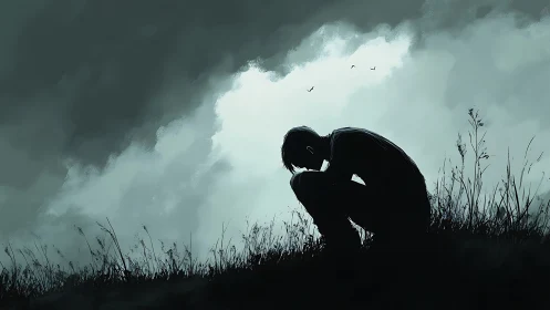 Silhouetted figure sits in crouched pose under overcast sky