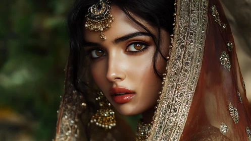 Bridal portrait closeup with ornate embroidered dupatta and jewelry