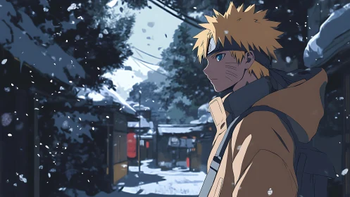 Snowlit wanderer drifts through quiet anime village streets.