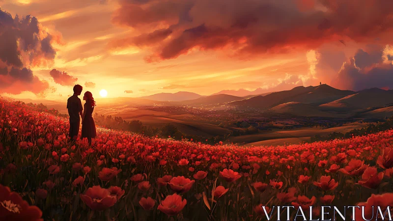 Couple standing in red poppy field at dramatic sunset