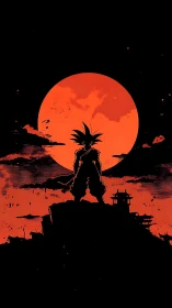 Silhouetted warrior under red moon above distant pagodas.