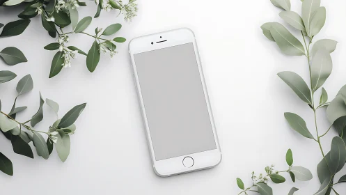 White iPhone on botanical flat lay with green foliage.