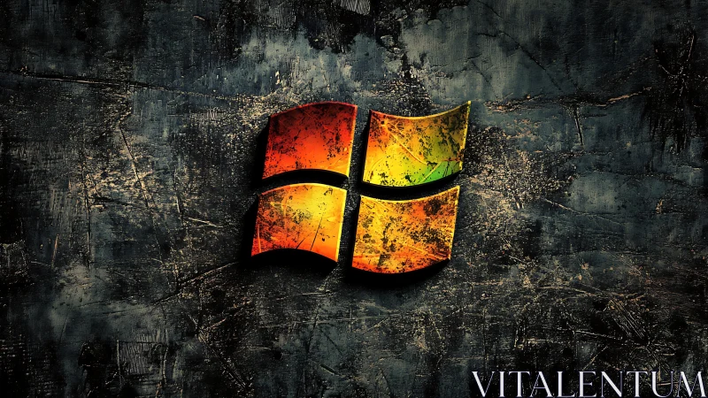 Grunge-style metallic window logo on dark textured wall.