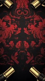 Red baroque floral pattern framed by four gold cylinders