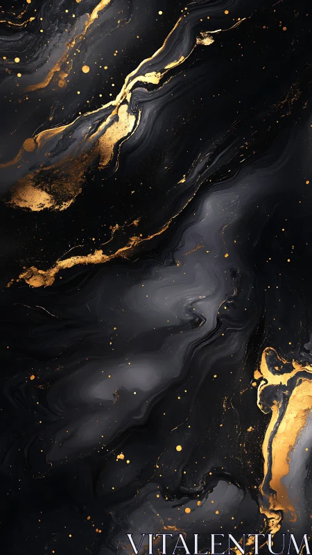 Viscous black fluid marbling with metallic gold vein separations