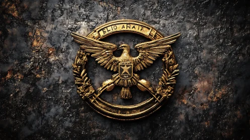 Aged golden eagle crest rests over dark corroded metal wall