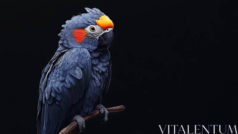 Striking dark-feathered parrot with vivid orange markings, studio style.