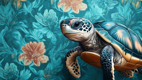 Sea turtle glides past teal florals in a dreamy art portrait