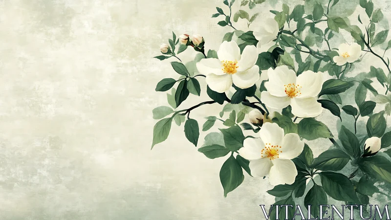 Soft white blossoms drifting gently across calm green.