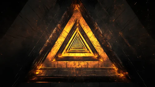 Golden fractal triangle tunnel glows through dark void.