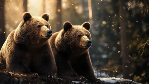 Twin brown bears rendered in warm backlit forest ambience