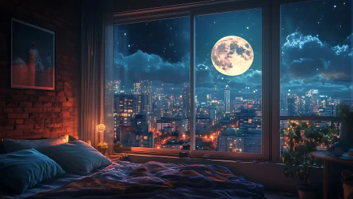 Bedroom interior overlooks illuminated city under full moon