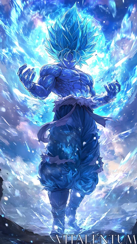 Blue-haired warrior in energy field with upward viewpoint.
