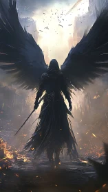 Dark winged figure dominates apocalyptic corridor of light