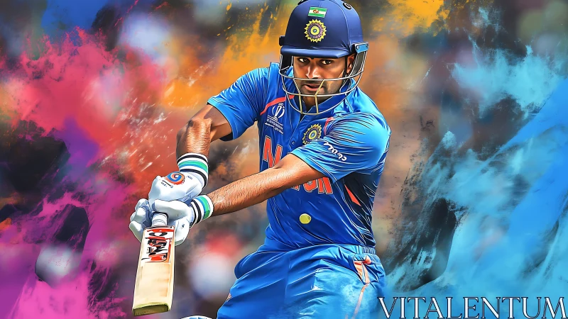 Cricket batter in blue kit swings bat amid bold colors.