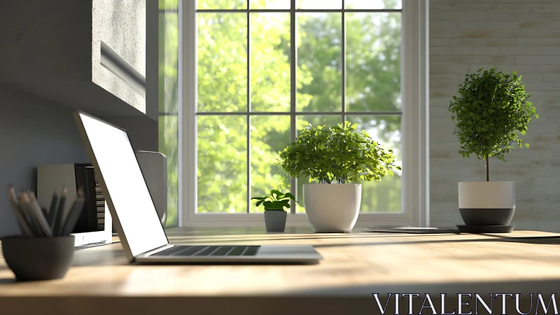 Workstation illuminated by window daylight and foliage geometry.