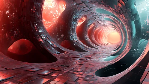Futuristic red alloy tunnel with recursive cylindrical voids.