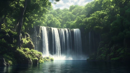 Multilayer cascade waterfall in volumetric forest lighting.