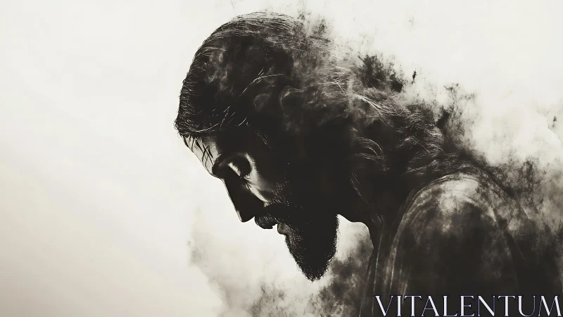 Veiled silhouette of a sorrowful saint in drifting smoke.