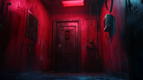 Red-lit mystery hallway with a quietly unsettling steel door.