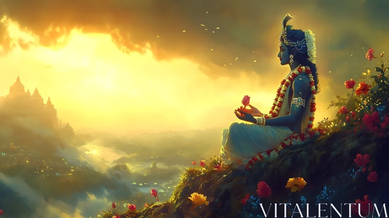 Divine blue figure in sunrise-lit valley, floral meditation focus.