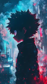 Neon-lit anime silhouette walks through moody cyber city.